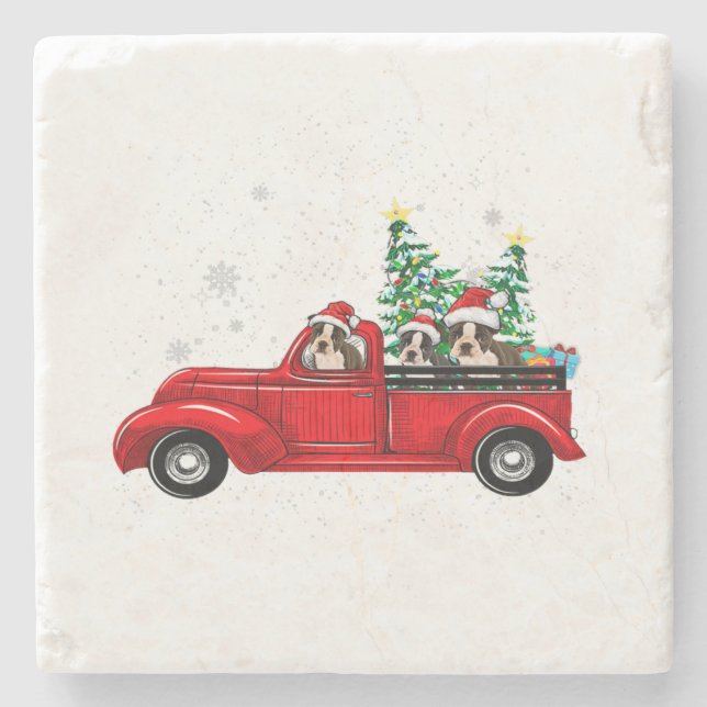 Posavasos De Piedra Boston Terrier Dog Driving Xmas Truck Christmas (Anverso)