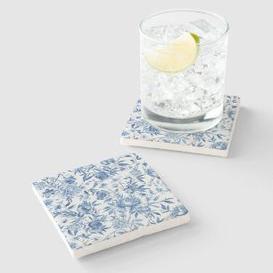 Posavasos De Piedra Botánico Floral Acuarela Chinoiserie Azul