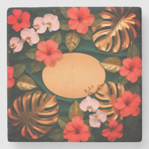 Posavasos De Piedra Botánico Oro Monstera Hibiscus Elegante Lujo 