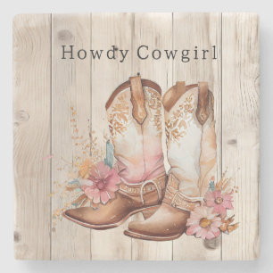 Posavasos De Piedra Botas de vaquera florales marfil personalizadas en
