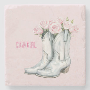 Posavasos De Piedra Botas vaqueras plateadas con rosas rosadas bonitas