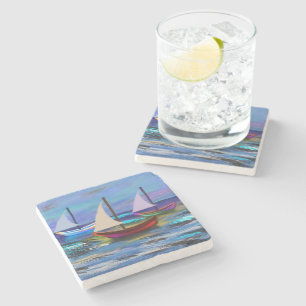 Posavasos De Piedra Botes con fondo de mar y almohada de lanzamiento