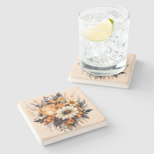 Posavasos De Piedra Bouquet de flores grises amarillas naranjas