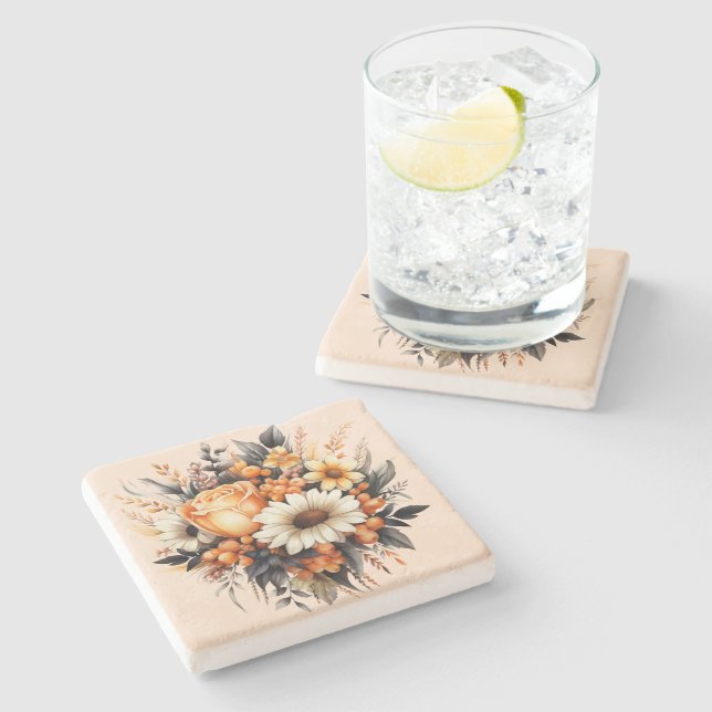 Posavasos De Piedra Bouquet de flores grises amarillas naranjas (Lateral)