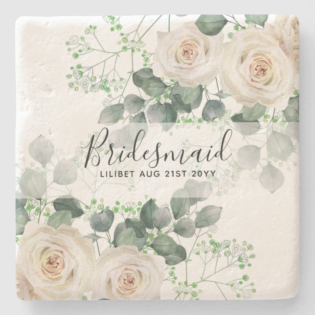 Posavasos De Piedra Bridesmaid Regalos White Roses Tema Personalizado (Anverso)