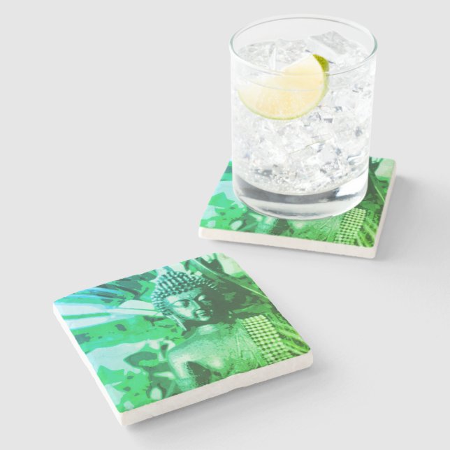 Posavasos De Piedra Bright Green Ombre Buddha Meditation Zen (Lateral)