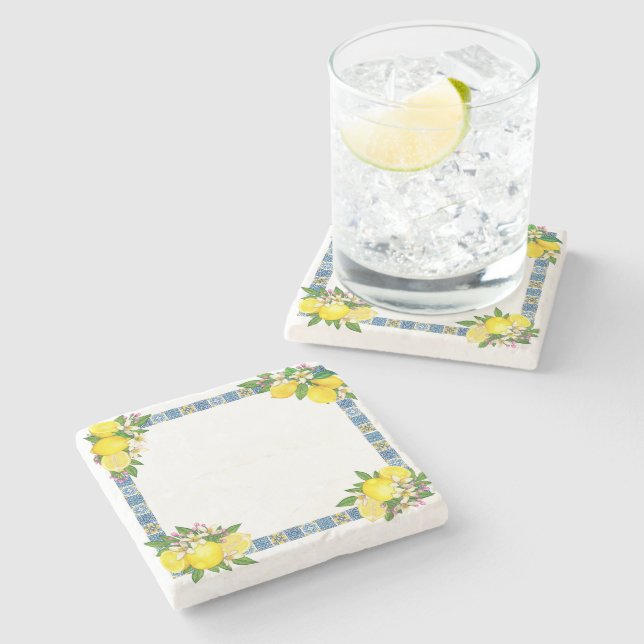 Posavasos De Piedra Brillante Mediterráneo Sicilia Tiles Citrus Lemons (Lateral)