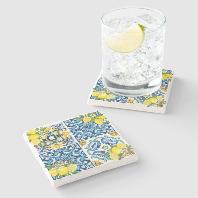 Posavasos De Piedra Brillante Mediterráneo Sicilia Tiles Citrus Lemons (Lateral)