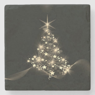 Posavasos De Piedra Brillo dorado de estrellas en el árbol de Navidad