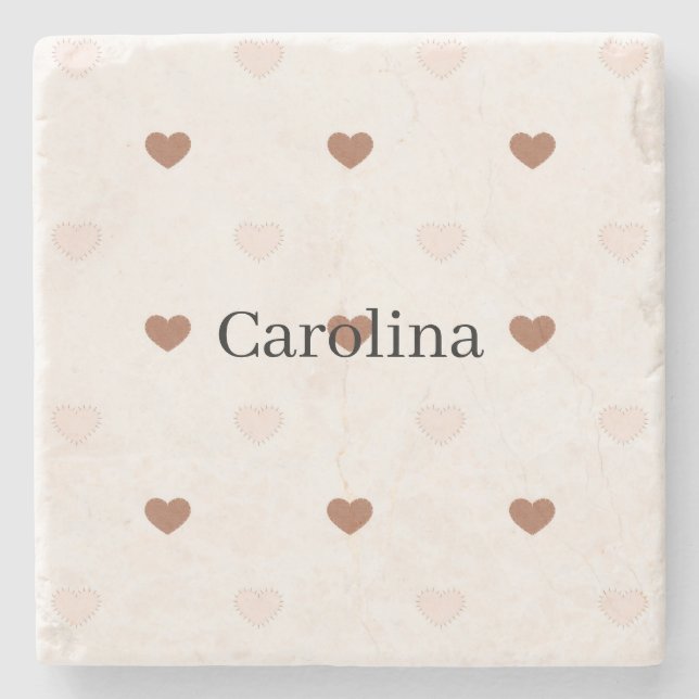 Posavasos De Piedra Brown Blush Pink Hearts Love (Anverso)