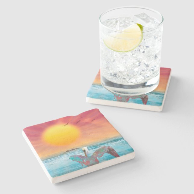Posavasos De Piedra Brown Pelican ISLAND SUNSET (Lateral)
