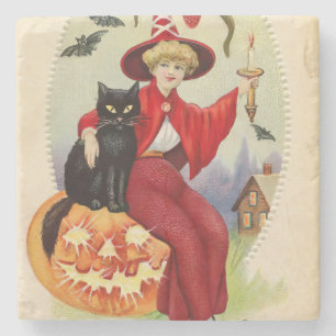 Posavasos De Piedra Bruja de Halloween y gato negro