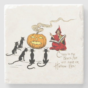 Posavasos De Piedra Bruja enseñando Jack O' Lantern a gato negro