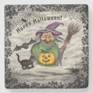 Posavasos De Piedra Bruja, gato, murciélago y calabaza, ¡Feliz Hallowe