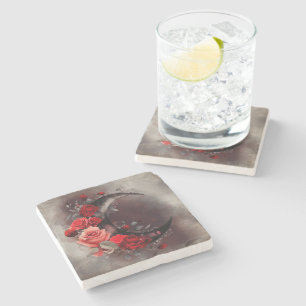 Posavasos De Piedra Brujería   Luna Crescent con rosas rojas góticas