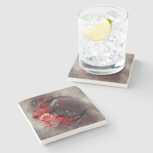 Posavasos De Piedra Brujería | Luna Crescent con rosas rojas góticas (Lateral)