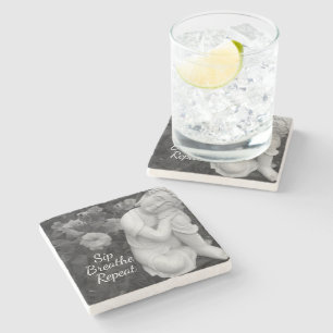 Posavasos De Piedra Buda Bebe Respira Repite Mantra Zen Blanco Negro