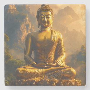 Posavasos De Piedra Buda Sentado Dorado Bajo un Cielo de Puesta de Sol