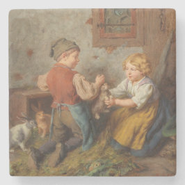Posavasos De Piedra Buenos Amigos (Jóvenes Jugando Con Conejo Mascota)