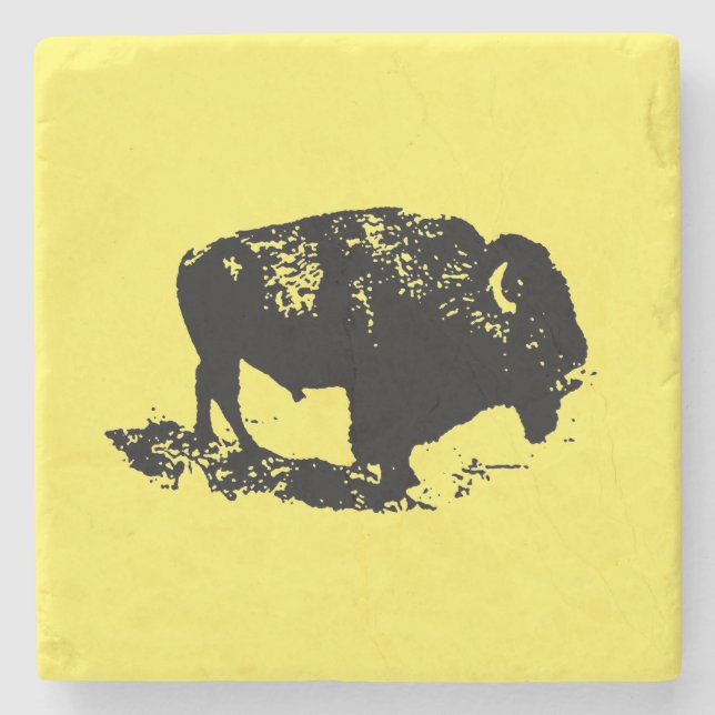 Posavasos De Piedra Búfalo Bison Lithograph Elegant Black Yellow (Anverso)
