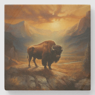 Posavasos De Piedra Buffalo Bison Sunset Silhouette