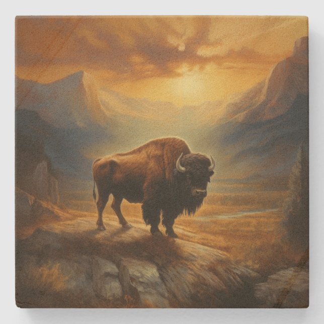 Posavasos De Piedra Buffalo Bison Sunset Silhouette (Anverso)