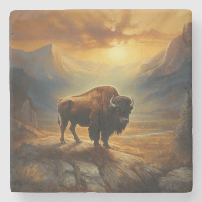 Posavasos De Piedra Buffalo Bison Sunset Silhouette (Anverso)