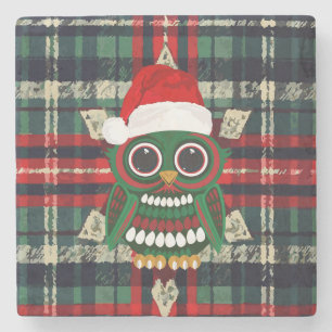 Posavasos De Piedra Búho Navideño Lindo Cuadriculado Festivo Rústico V
