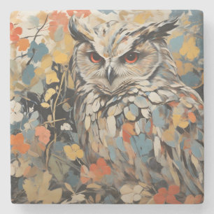 Posavasos De Piedra Búho y flores en pintura de primavera