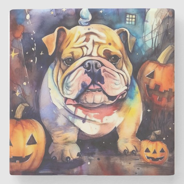 Posavasos De Piedra Bulldog de Halloween con calabazas temerosas (Anverso)
