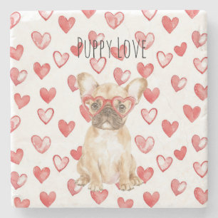 Posavasos De Piedra Bulldog Francés Crema Blanca Corazones Rojos