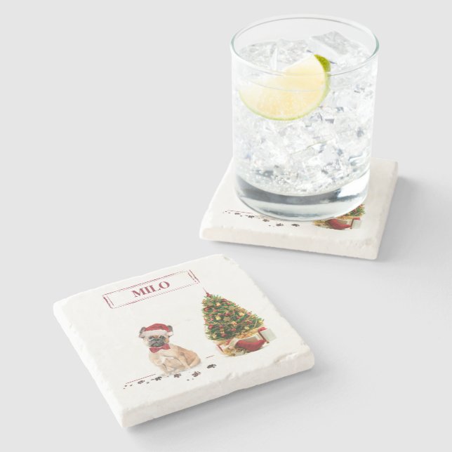 Posavasos De Piedra Bulldog francés curioso Navidad perro con árbol (Lateral)