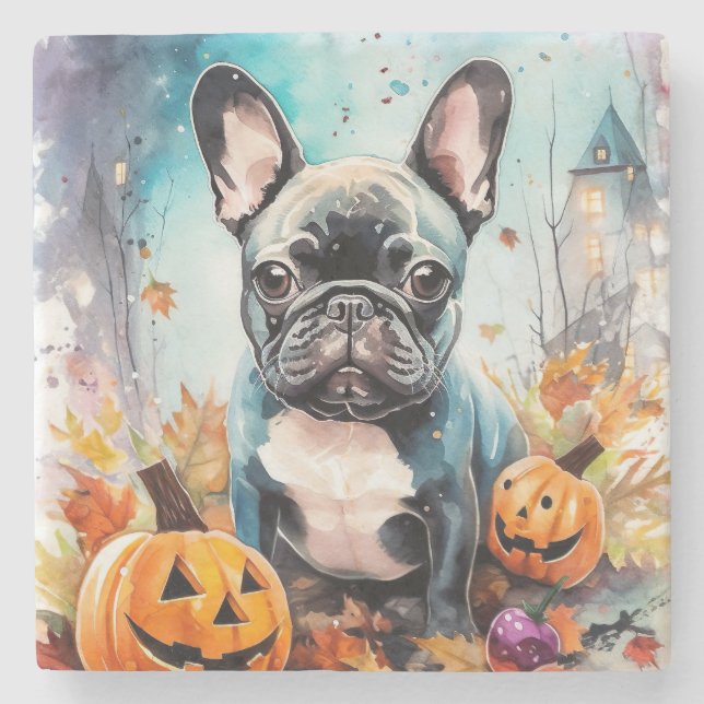 Posavasos De Piedra Bulldog francés de Halloween con calabazas temeros (Anverso)