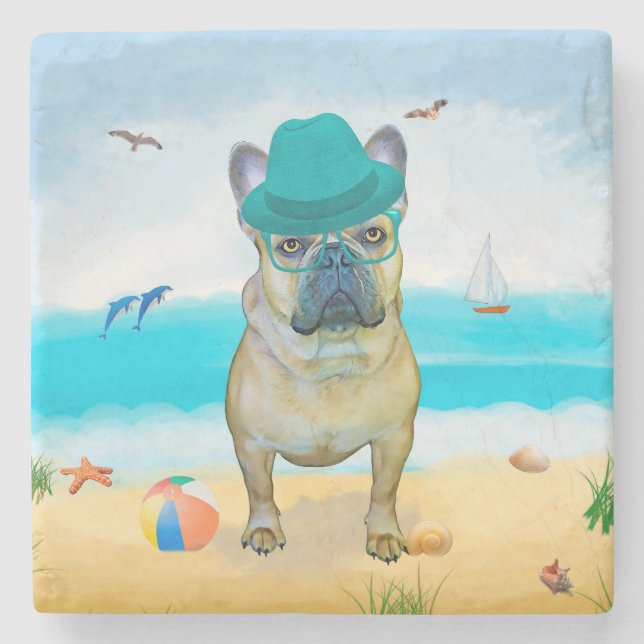 Posavasos De Piedra Bulldog francés en la playa (Anverso)