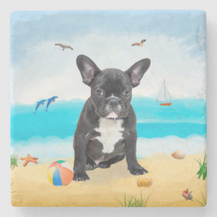 Posavasos De Piedra Bulldog francés en la playa