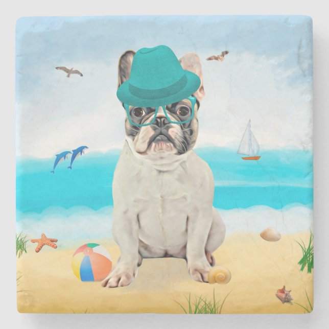 Posavasos De Piedra Bulldog francés en la playa (Anverso)
