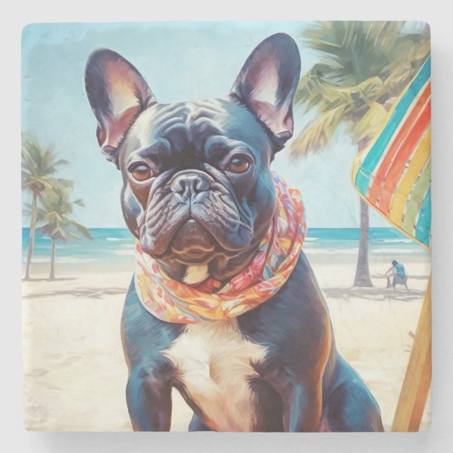 Posavasos De Piedra Bulldog francés en la playa, regalo de verano para (Anverso)