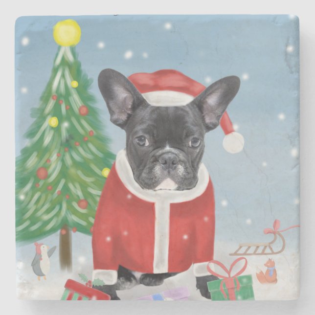 Posavasos De Piedra Bulldog francés en nieve con regalos de Navidades (Anverso)