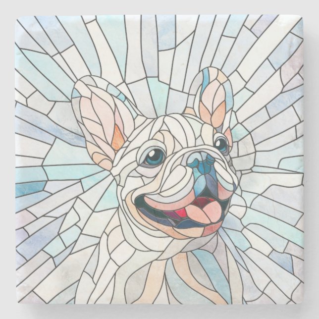 Posavasos De Piedra Bulldog francés - Frenchie - mosaico pastel (Anverso)