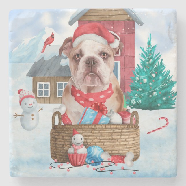 Posavasos De Piedra Bulldog inglés en casa de perros de Navidades de n (Anverso)