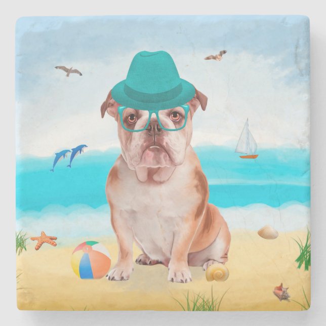 Posavasos De Piedra Bulldog inglés en la playa (Anverso)
