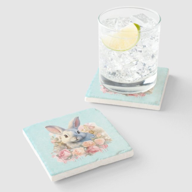 Posavasos De Piedra Bunny with a Garland of Roses Cute (Lateral)