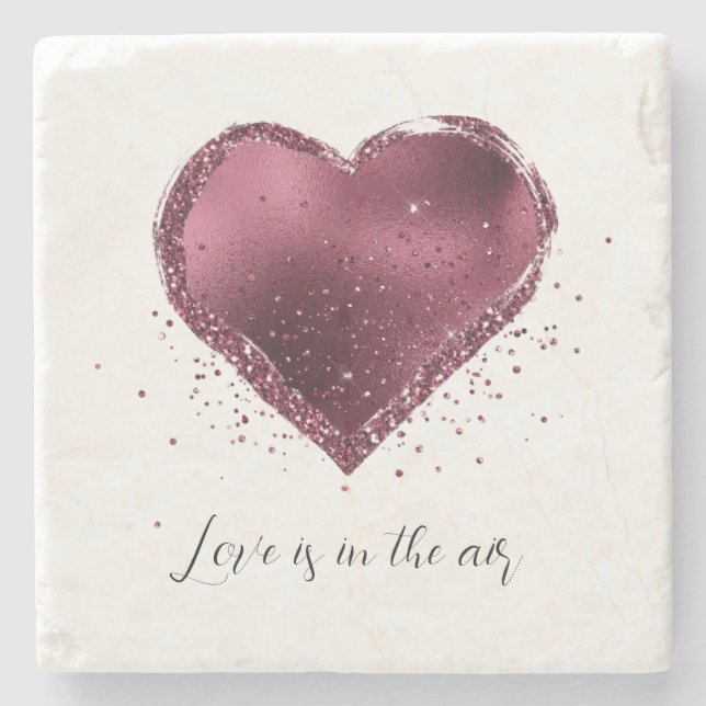 Posavasos De Piedra Burgundy Cherry Glitter Sparkle Heart Love  (Anverso)