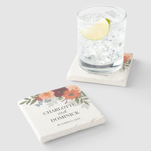 Posavasos De Piedra Burgundy Fall Garden Boda Floral (Lateral)