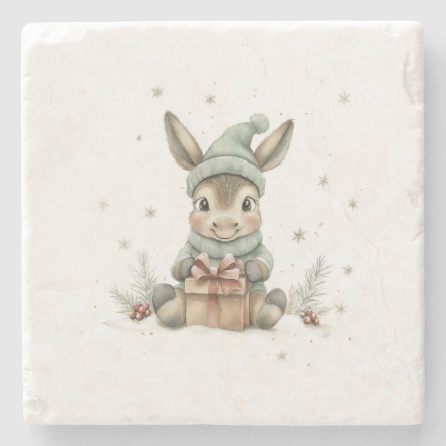 Posavasos De Piedra Burro bebé en invierno regalo de Santa Hat 4 (Anverso)