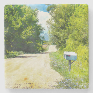 Posavasos De Piedra Buzón rural con los wildflowers