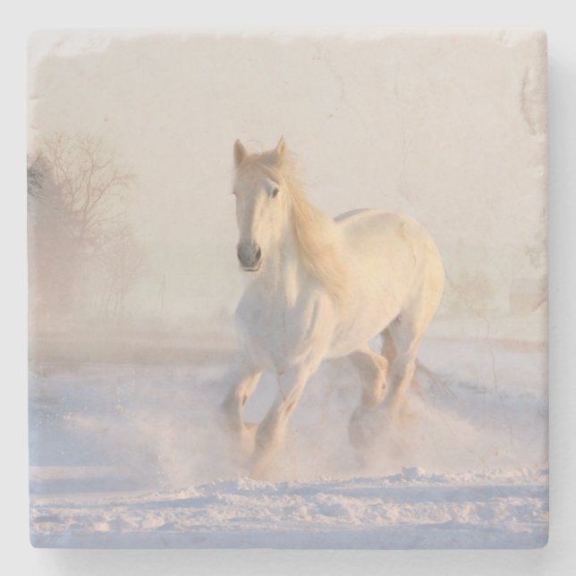 Posavasos De Piedra caballo blanco en la nieve (Anverso)