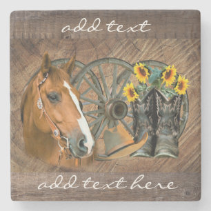 Posavasos De Piedra Caballo Boots Rueda de vagón girasoles occidental