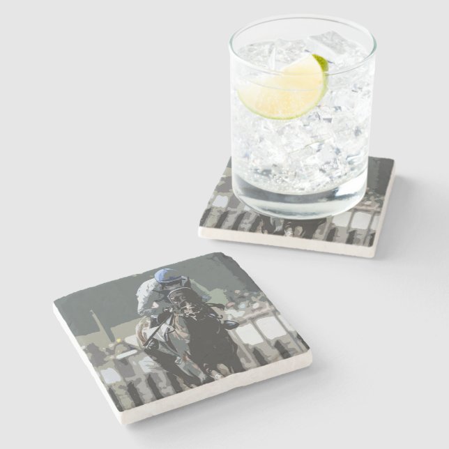 Posavasos De Piedra Caballo De Carrera Con Jockey En Montaña De Piedra (Lateral)