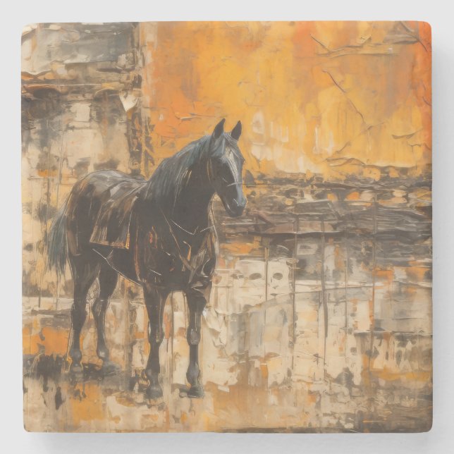 Posavasos De Piedra Caballo majestuoso al atardecer abstracto (Anverso)